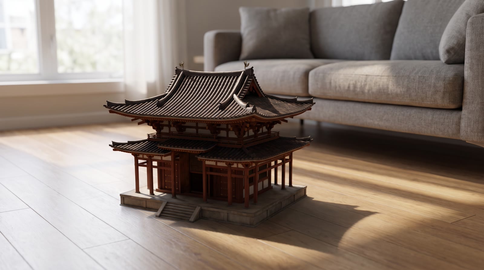 A procedurally built Japanese temple sitting in my room through passthrough