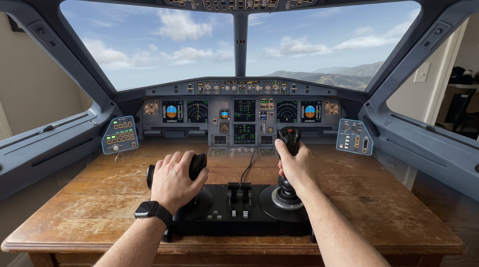 A flight-sim cockpit masked over my real desk — hands on real controls, virtual world outside the windows