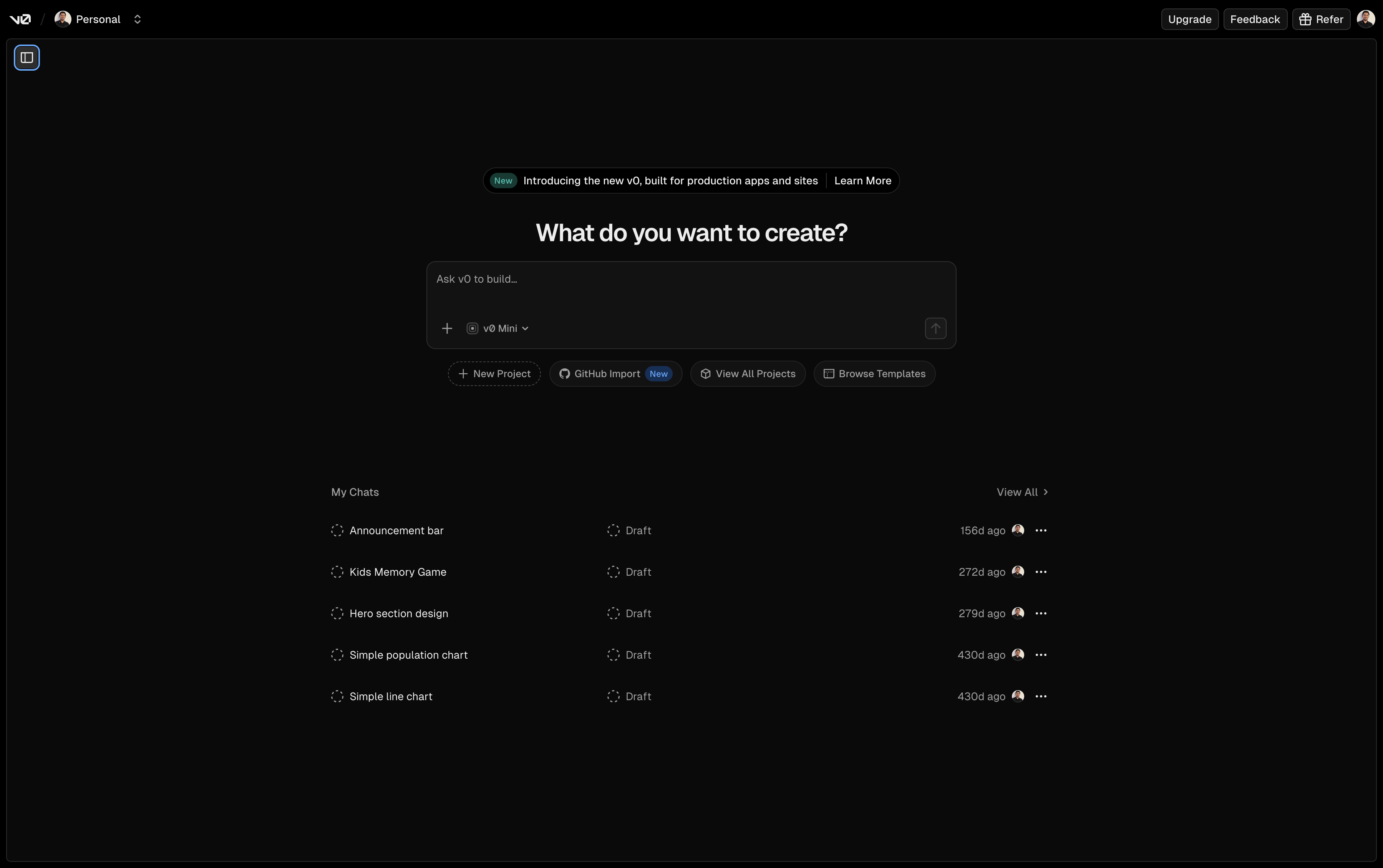 Screenshot of the v0.app