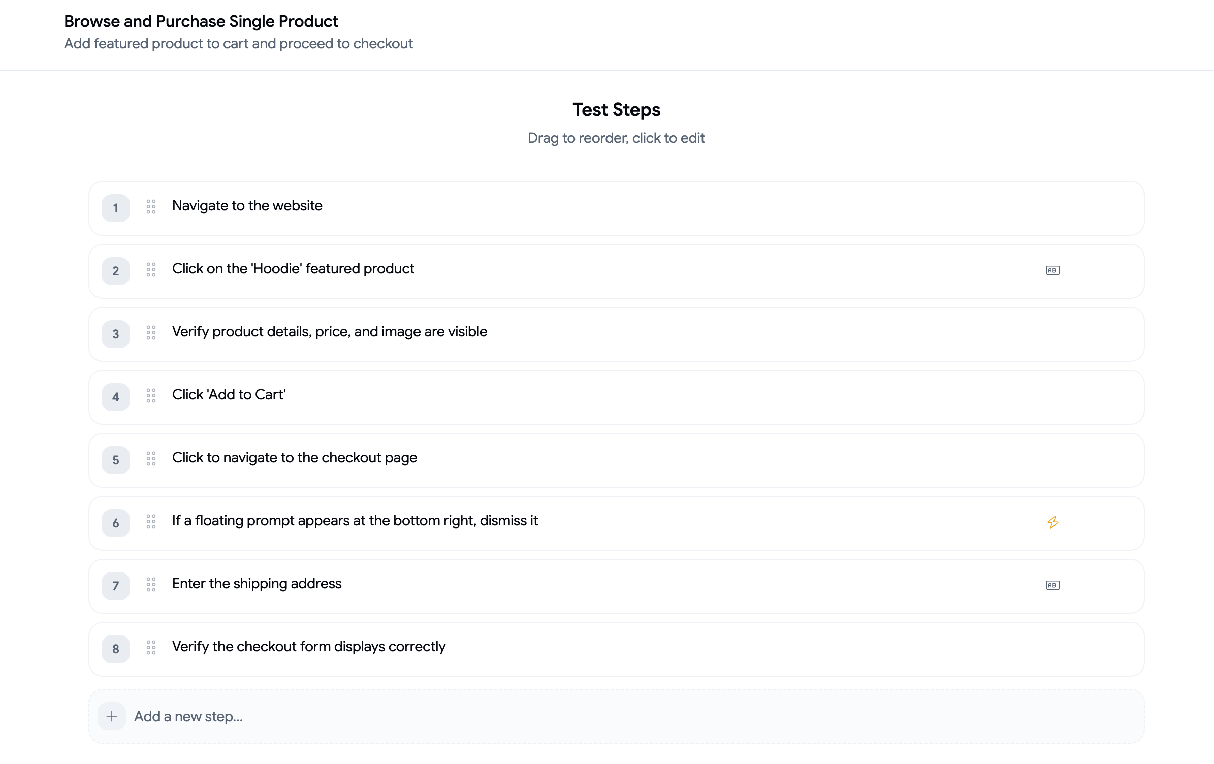 Bug0 Studio interface converting a screen recording into Playwright test steps with editable step list and run controls
