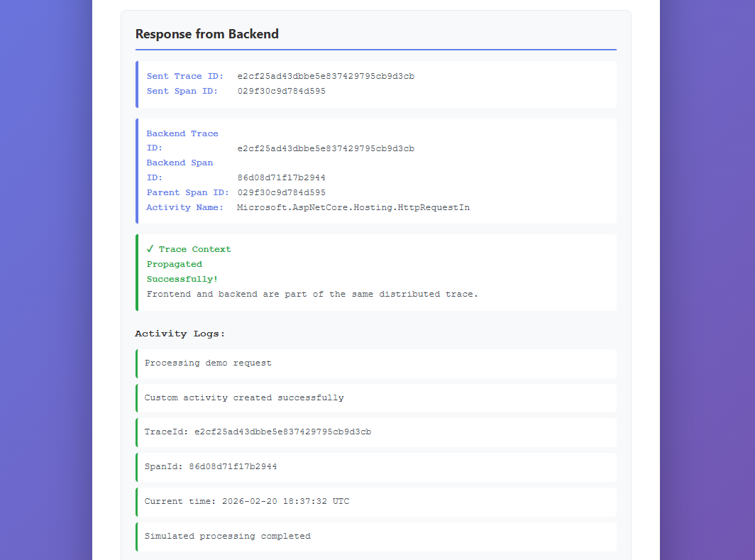 An image of the response results from my call to my backend api. Purple background with text data about trace ids.
