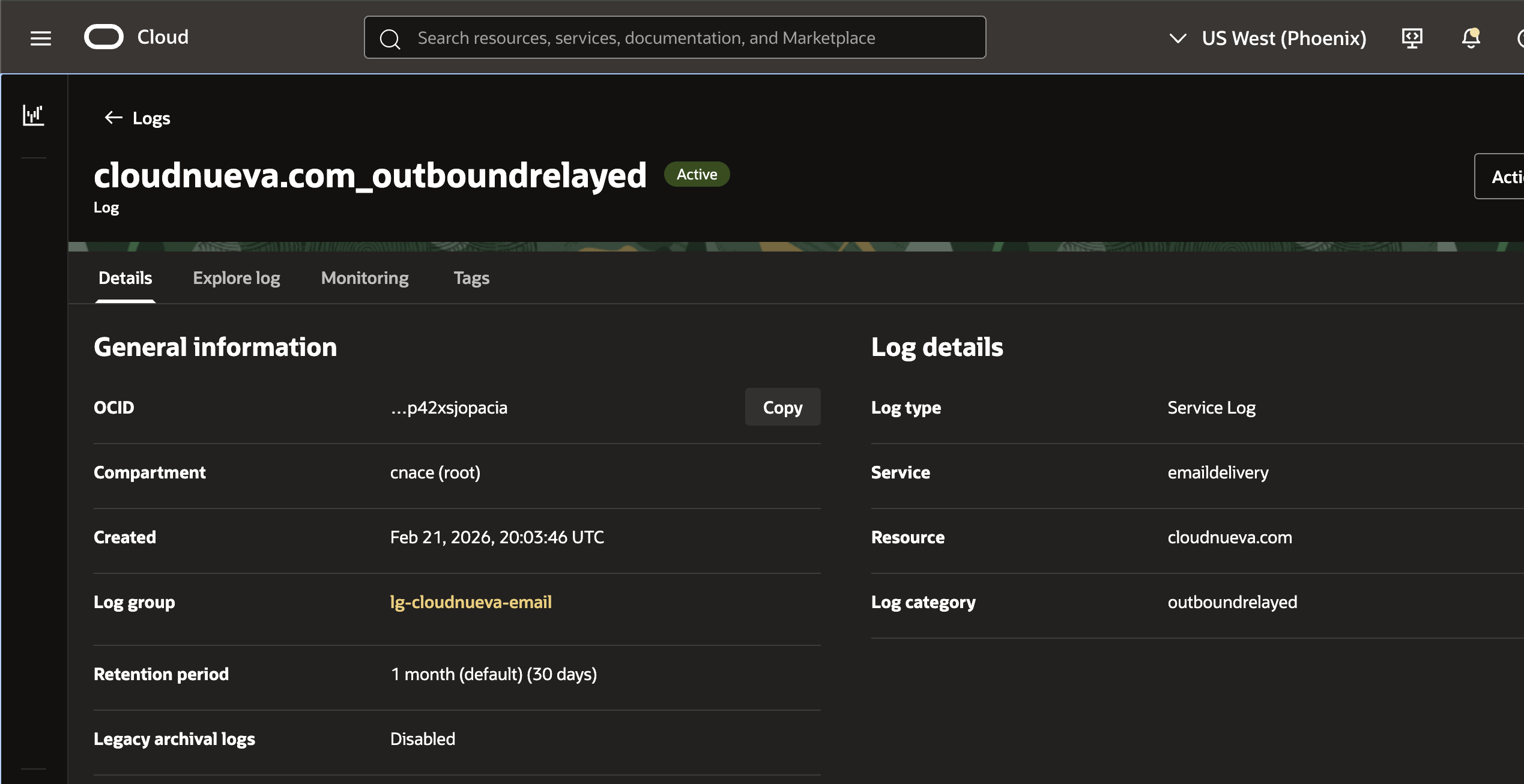 OCI Email Delivery - Log Group and Log Active