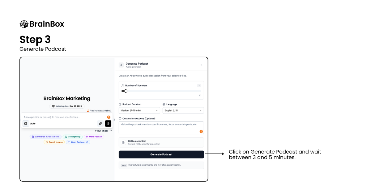 BrainBox Generate Podcast button with 28 source files selected — click to start AI audio generation