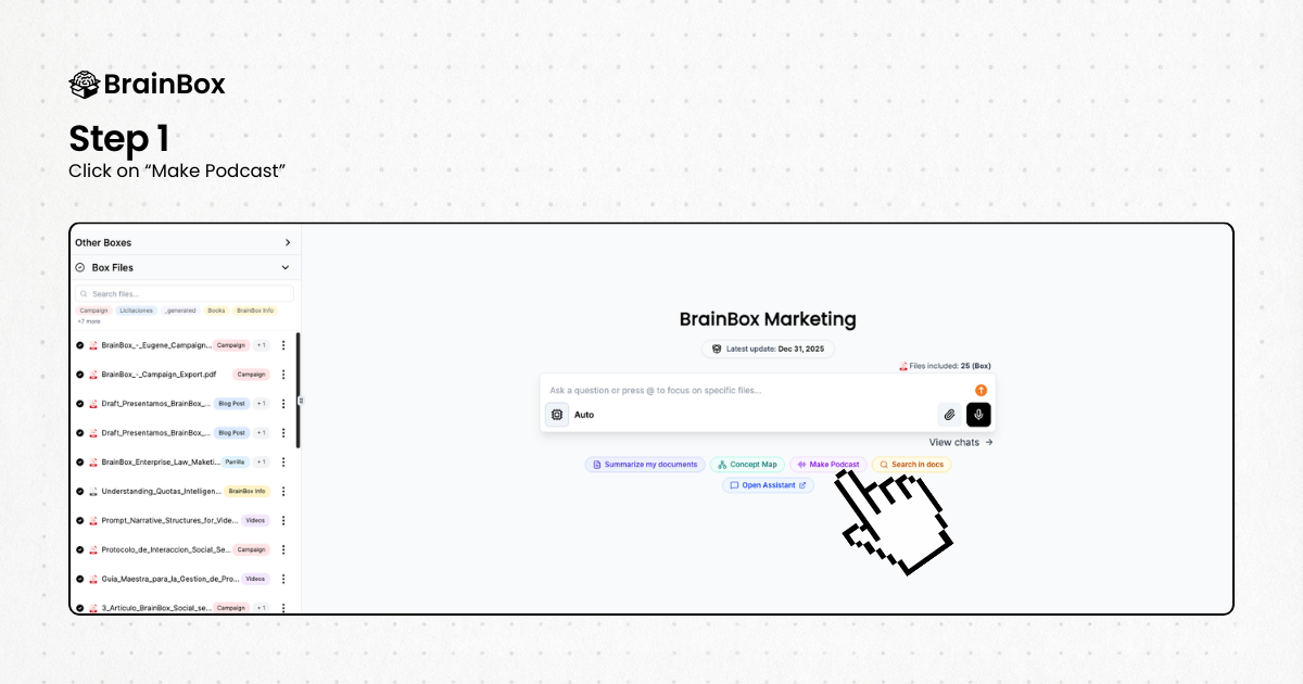 How to create a podcast in BrainBox — Step 1: click Make Podcast inside any Box with uploaded files