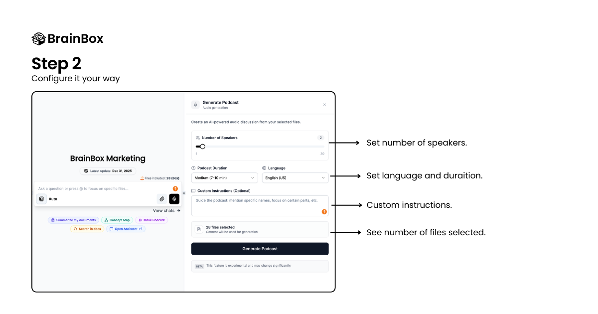 BrainBox podcast settings panel — configure number of speakers (1–30), duration, language, and custom instructions before generating