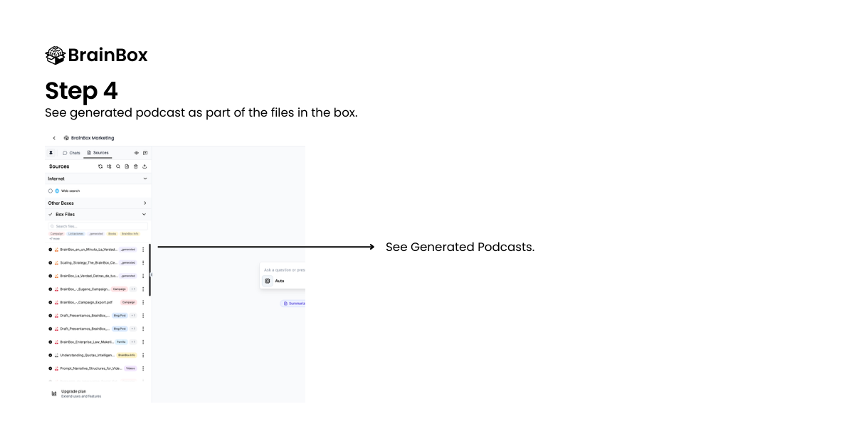 BrainBox Box showing AI-generated podcast files stored alongside source documents for playback, download, or further chat
