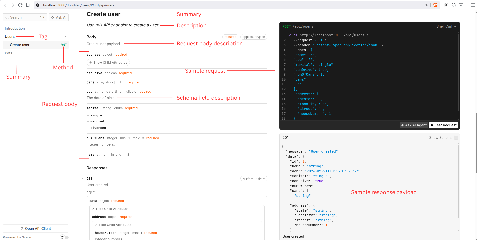 Scalar documentation UI for the create user route