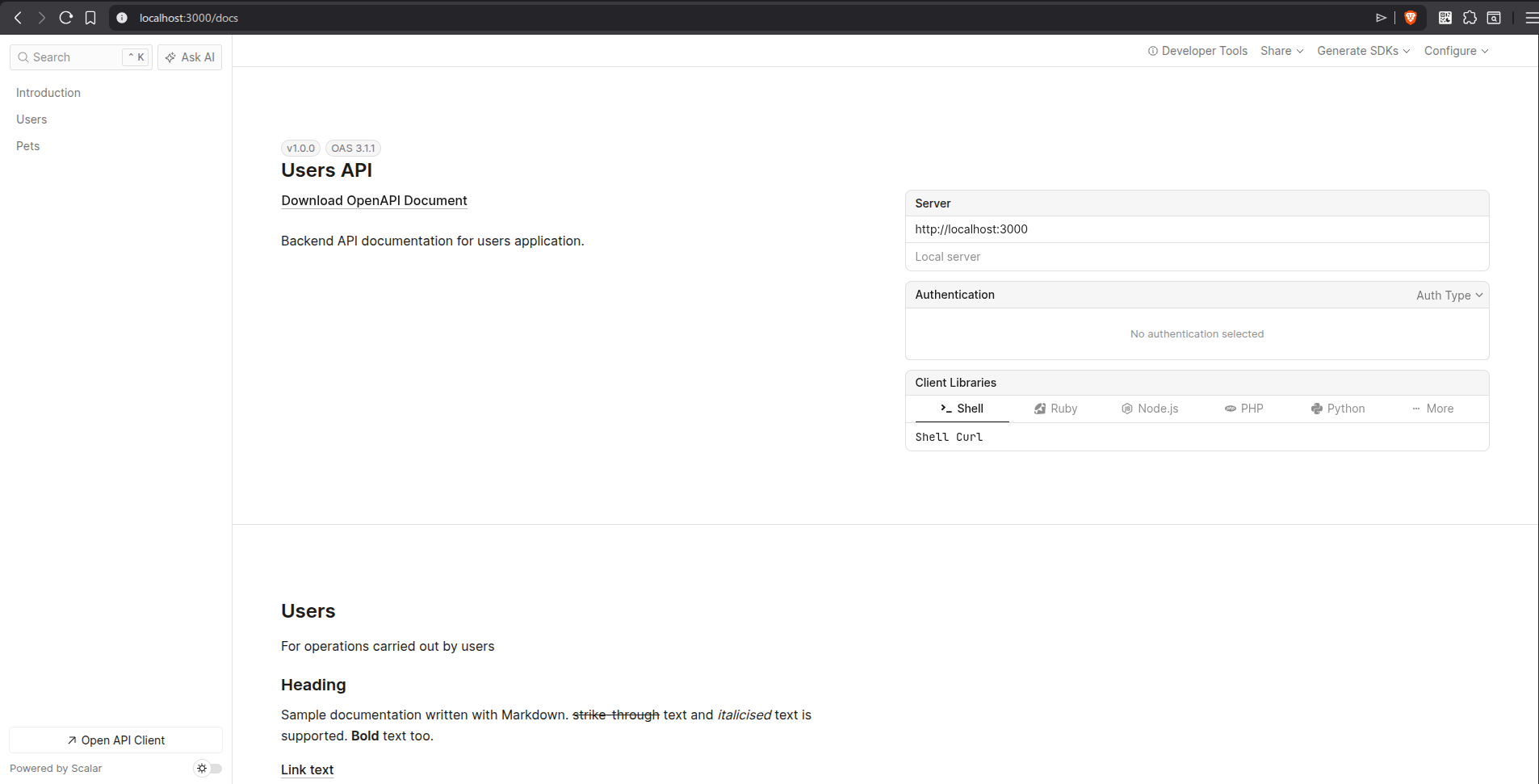 Scalar documentation starter UI