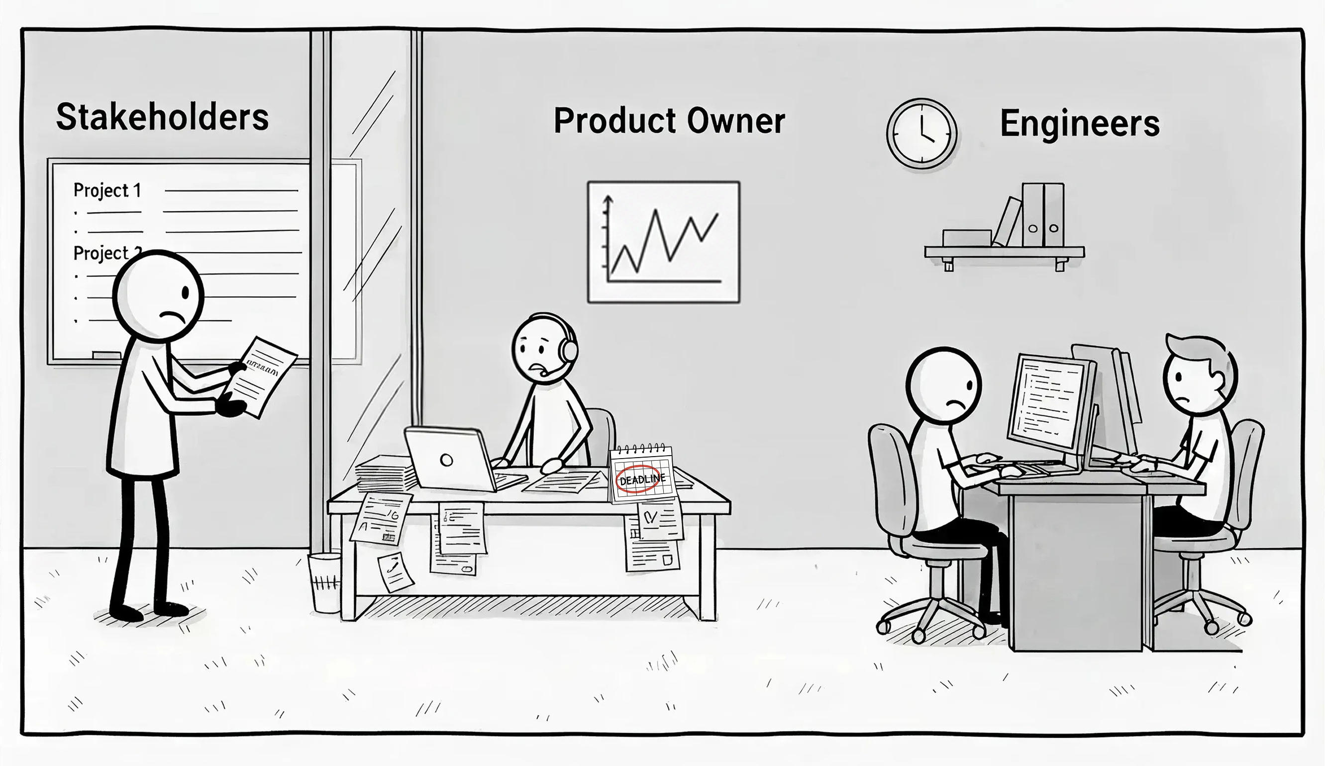 Stakeholders give a list of projects to the Product Owner, who is coordinating the execution and monitoring the timelines.