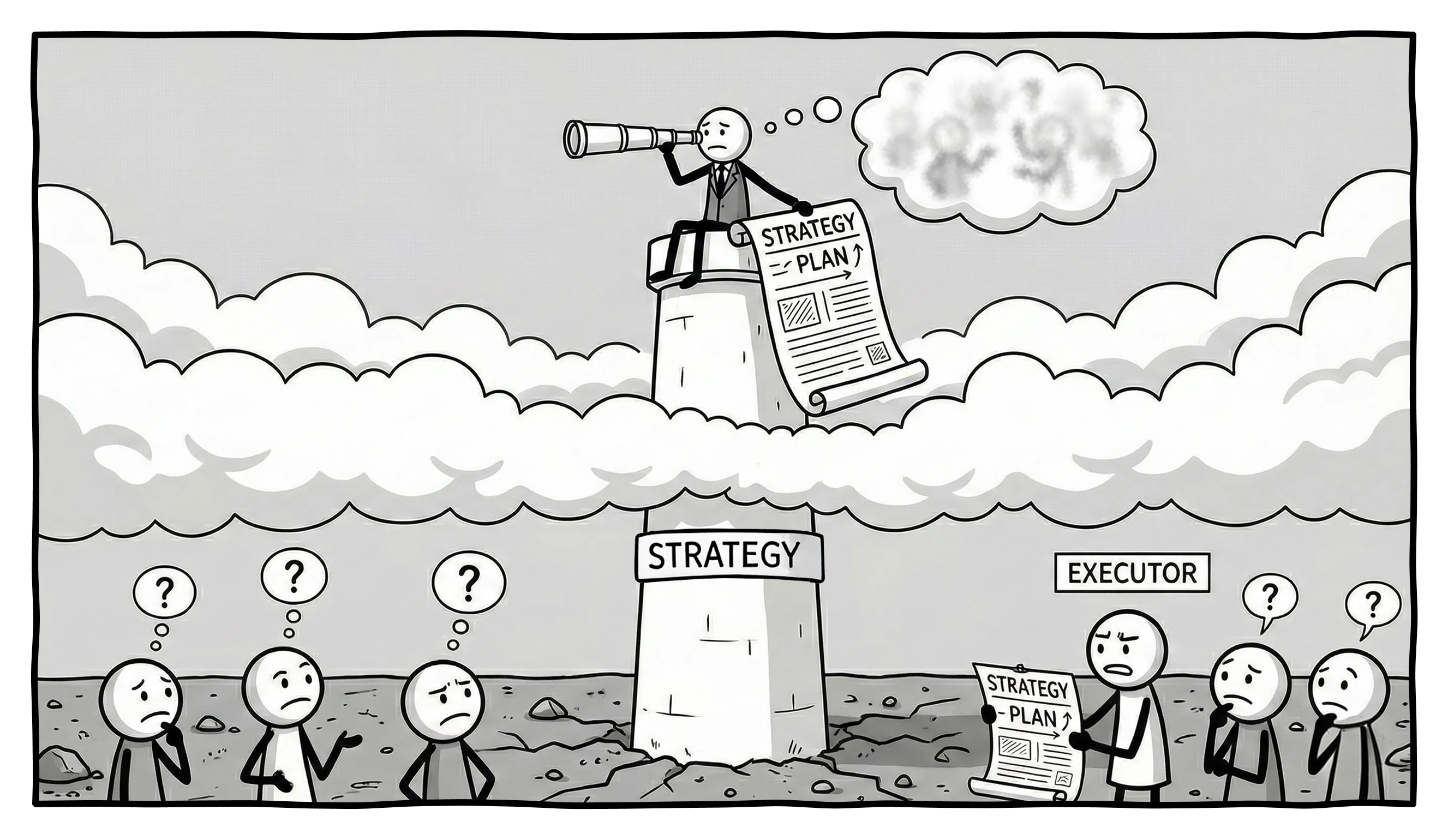The strategist sits on an ivory tower, while people on the ground look at a strategy plan confused.