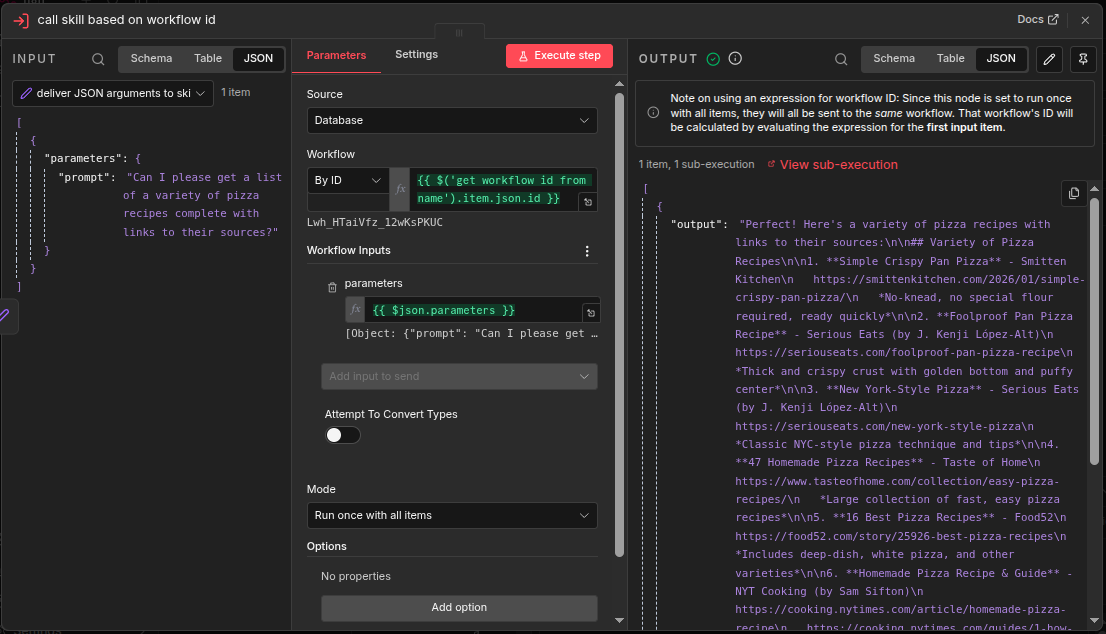 an example of a successful n8n call to a sub-workflow.