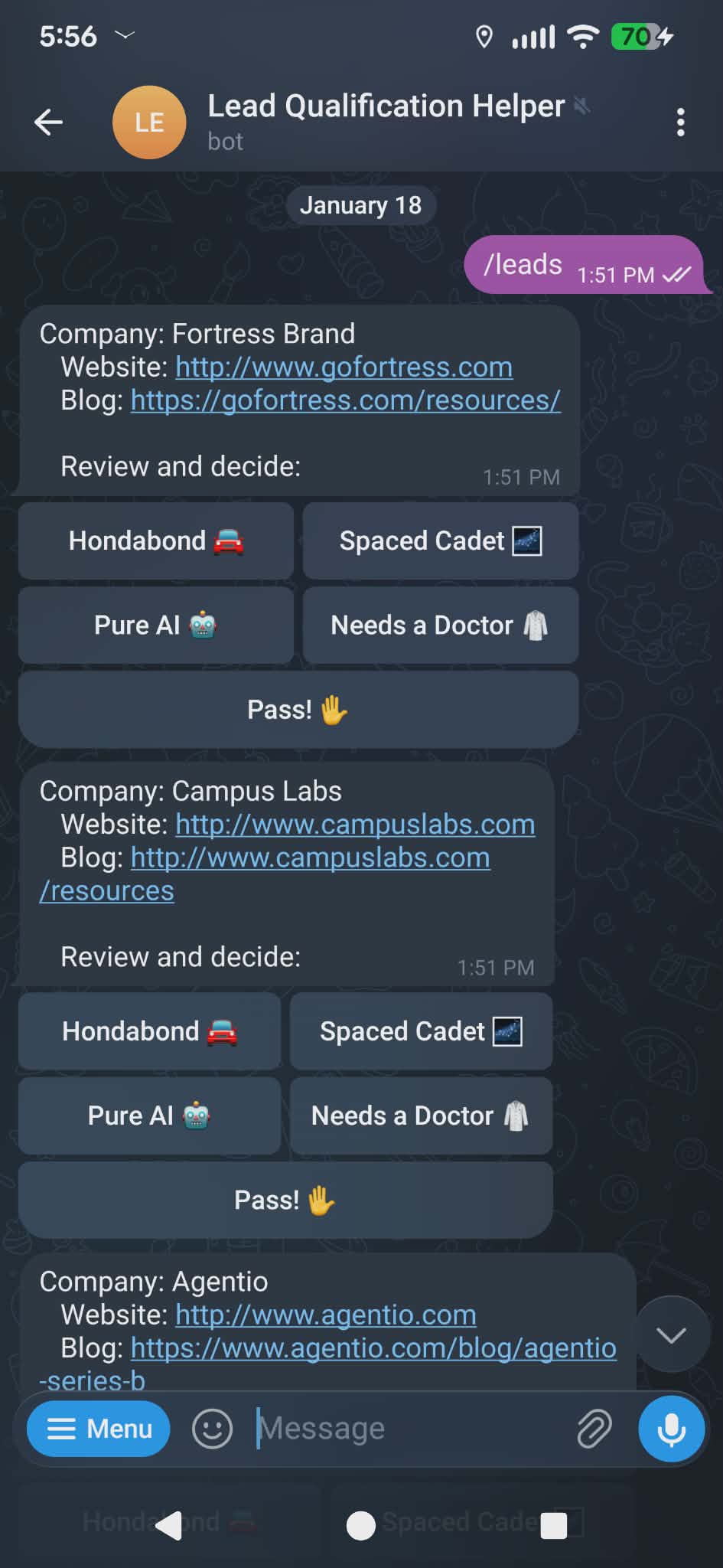 A Telegram session showing buttons and commands for a lead gen system.