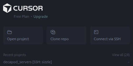 The cursor launch screen with a button to "Connect via SSH."