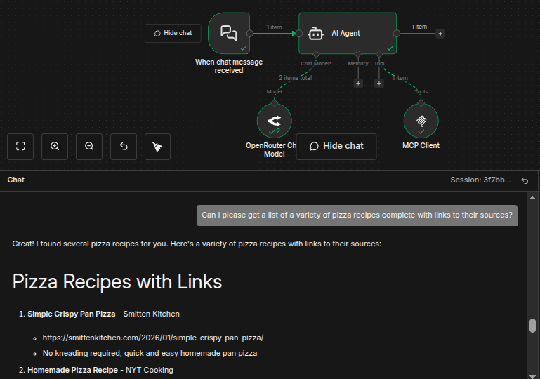 An example of chatting with an n8n agent that has internet access.