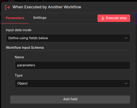 The configuration of an n8n "When Executed by Another Workflow" node.