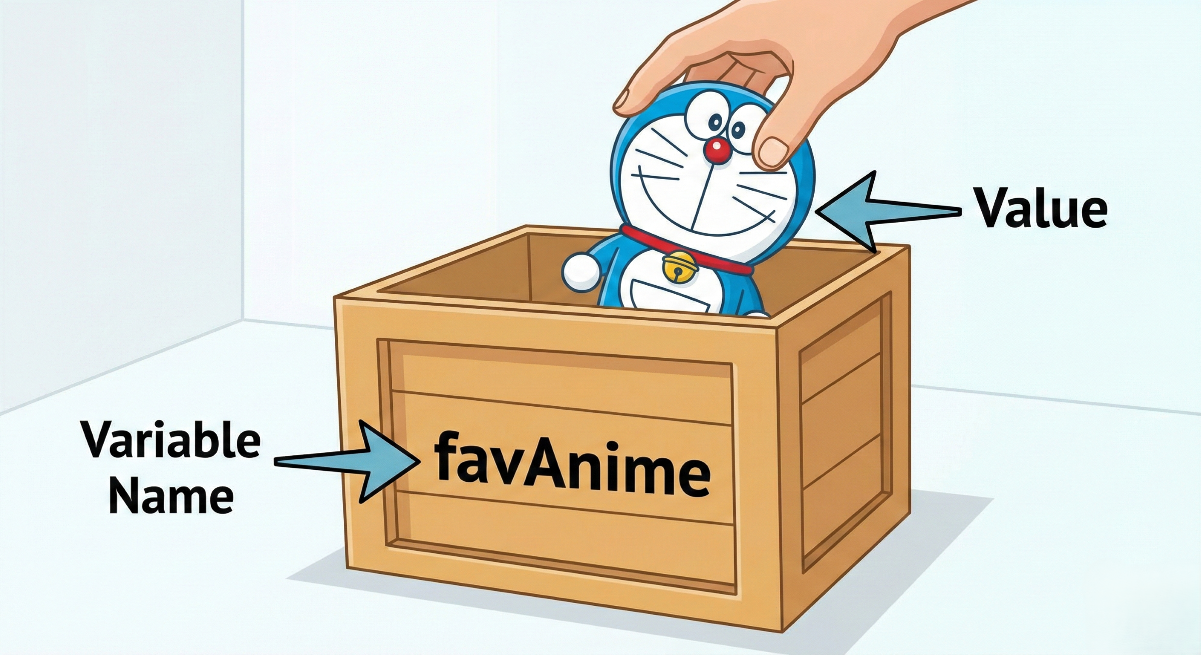 Image shows how we can think of a variable named favAnime, with the value 'doremon' stored inside it.