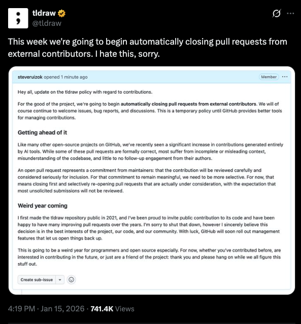 tldraw shut down PR from external contributors due to AI slop