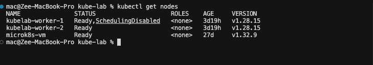 Node drain CLI output: cordoned node shows Ready,SchedulingDisabled; pods reschedule to the other node.