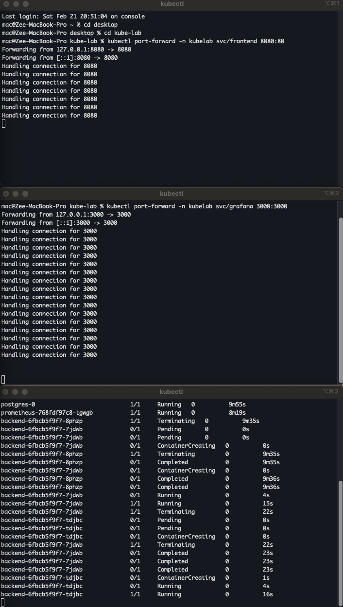Terminals running side by side before clicking Run, events streaming, pod watch, frontend and grafana port forwarding.