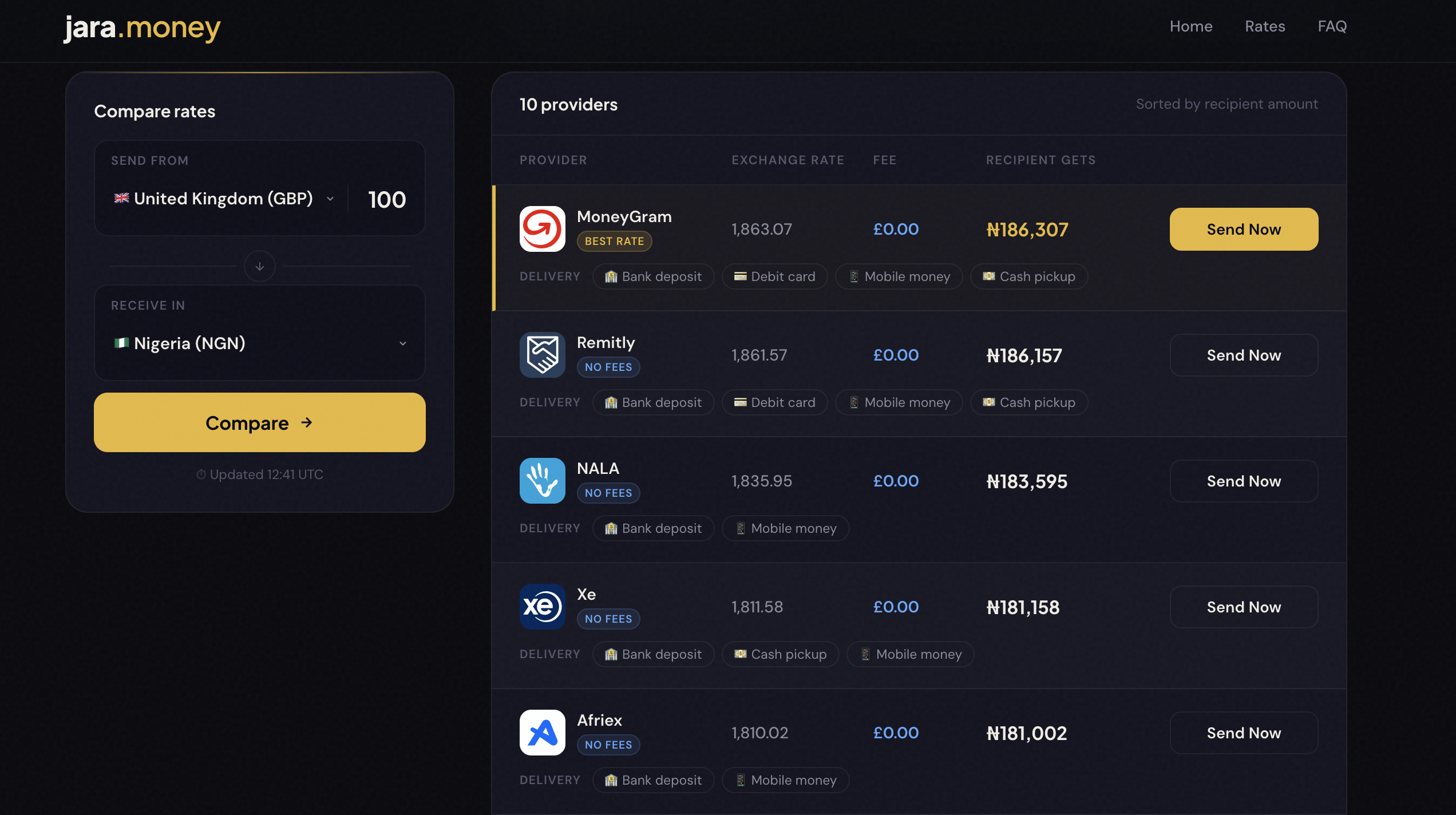 Jara Rate Comparison For GBP to NGN Transfers
